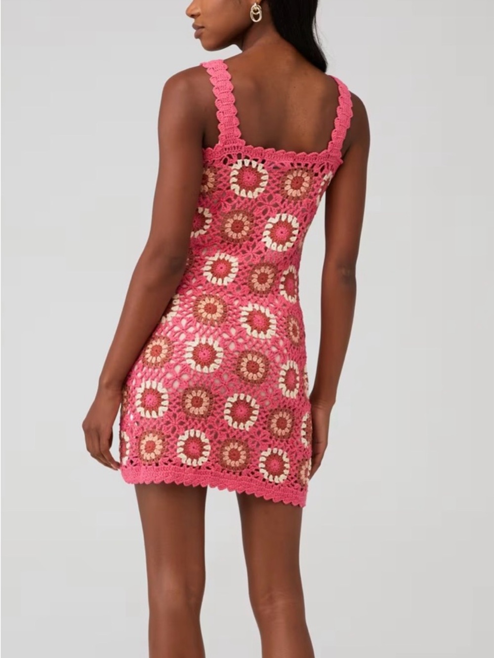 MINKPINK Pink Crochet Mini Dress with Brown and Cream Accents